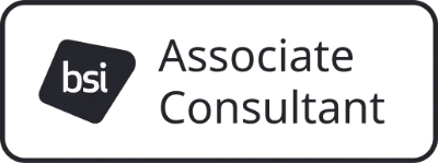 BSI Associate Consultant badge with a black and white design featuring the BSI logo.