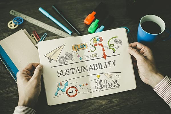 Open notebook page displaying drawings and text related to sustainability concepts and planning.