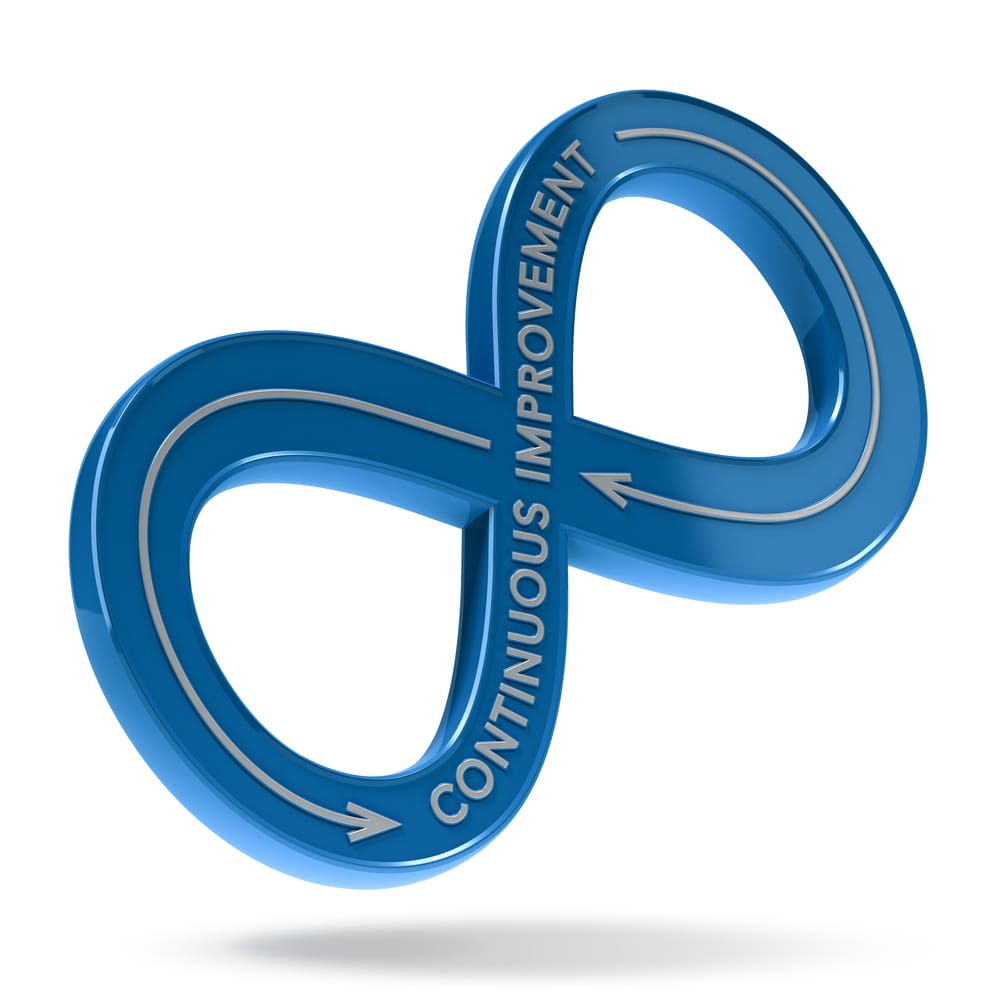 3D blue infinity symbol with the words 'Continuous Improvement' displayed on its surface.