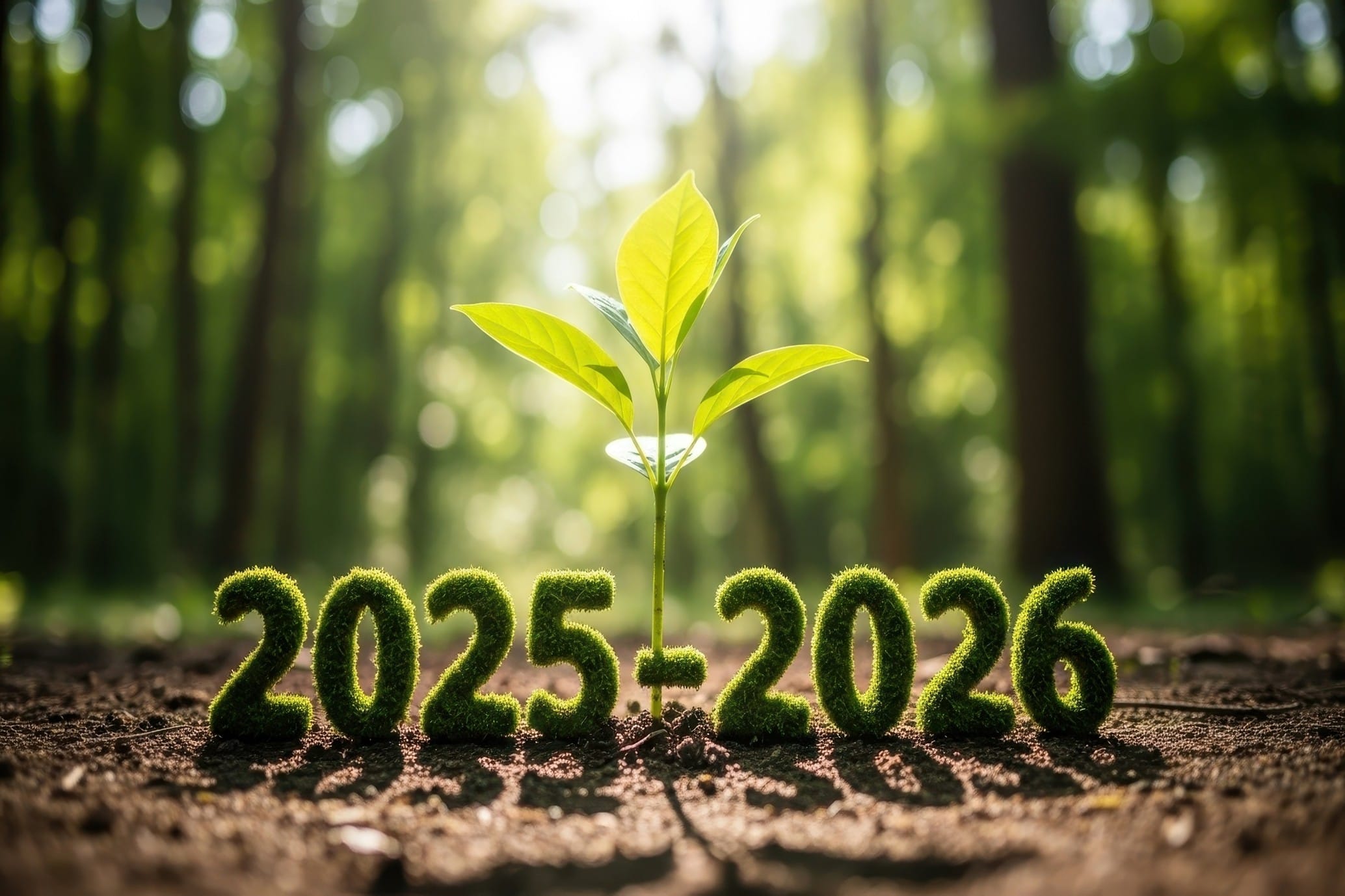 A young green plant growing between the numbers 2025 and 2026 made of moss in a forest setting.