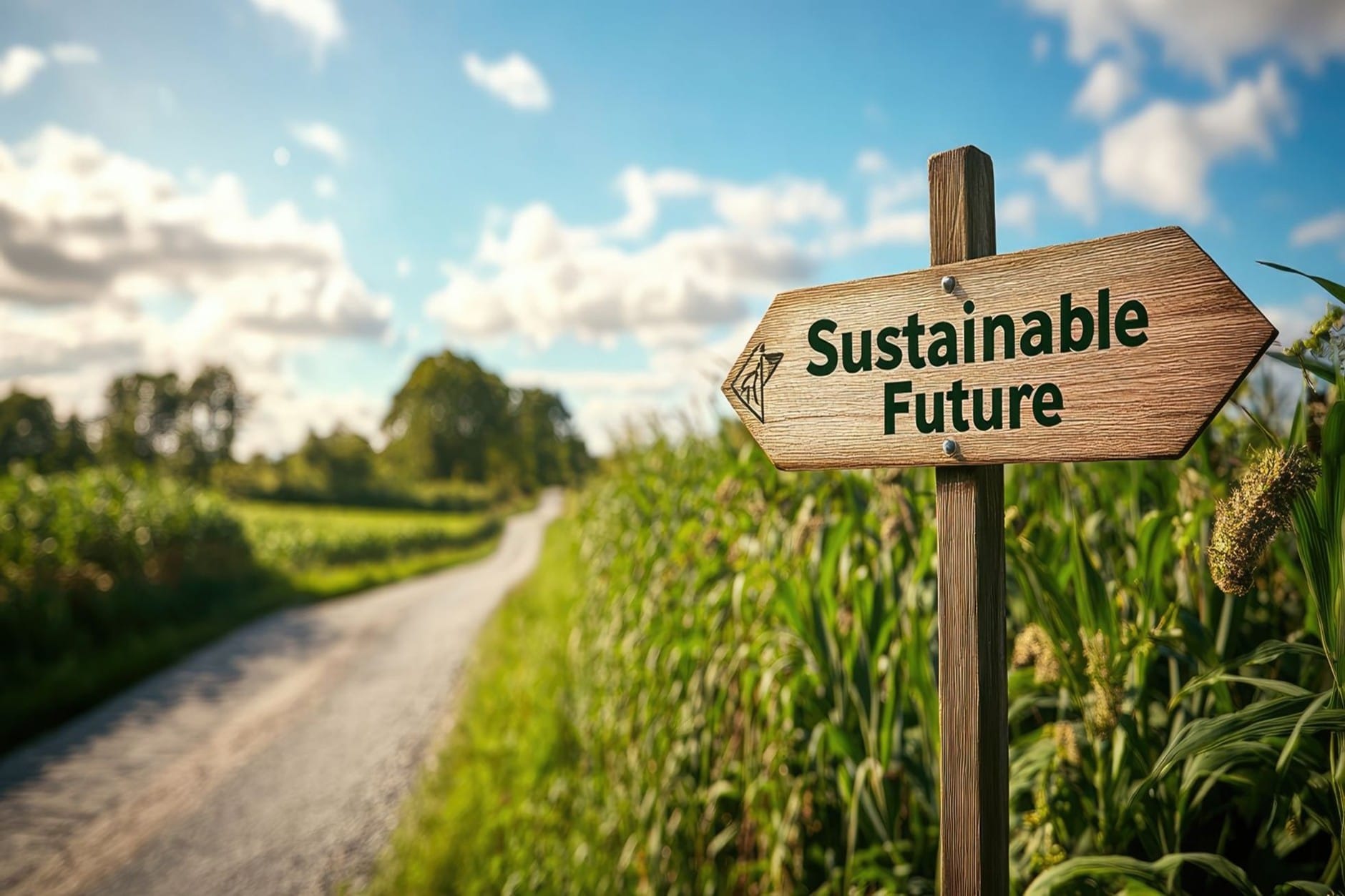 Wooden signpost with the words 'Sustainable Future' pointing along a rural path surrounded by greenery.