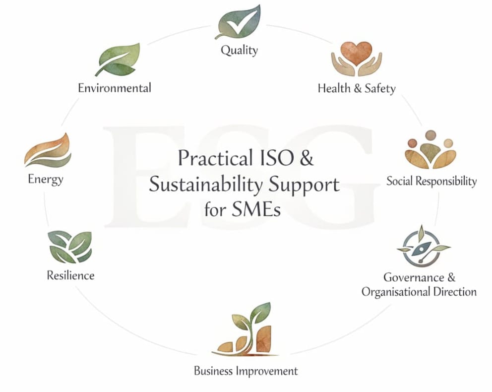 Centered sustainability graphic shows Practical ISO & Sustainability Support for SMEs, surrounded by Environmental, Quality, Health & Safety, and Governance themes.