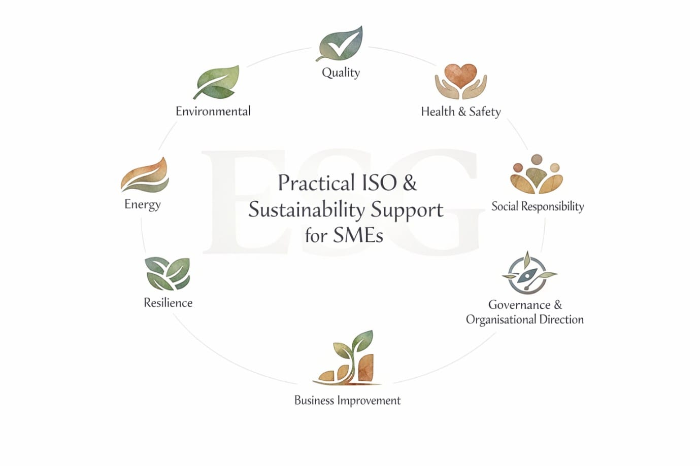 Practical ISO and sustainability support for SMEs is shown with ESG themes including quality, health and safety, governance, resilience and energy today.