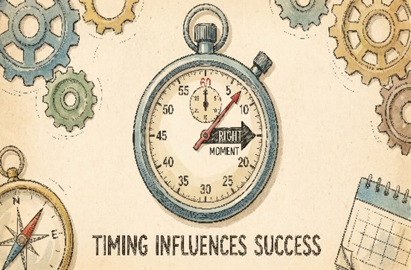 A vintage stopwatch with the words "RIGHT MOMENT" appears above the phrase "TIMING INFLUENCES SUCCESS" among gears and a compass.