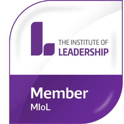 The Institute of Leadership Member badge in purple and white shows the MIoL designation beneath the organization logo and emblem with rounded edges.