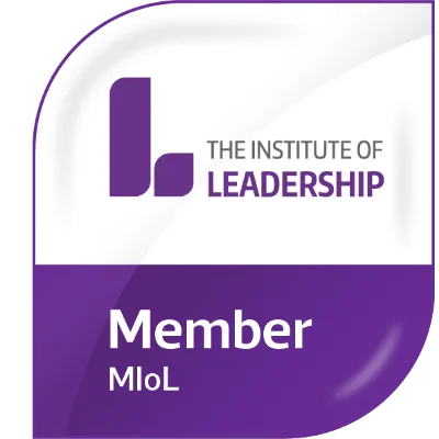 The Institute of Leadership Member badge in purple and white shows the MIoL designation beneath the organization logo and emblem with rounded edges.