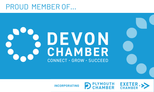 White text on a blue Devon Chamber banner reads 'Proud Member Of...' with Plymouth Chamber and Exeter Chamber logos below across the bottom.