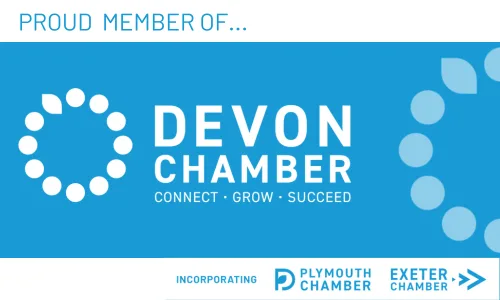 White text on a blue Devon Chamber banner reads 'Proud Member Of...' with Plymouth Chamber and Exeter Chamber logos below across the bottom.