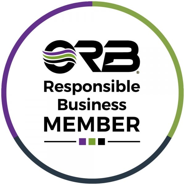 The Responsible Business MEMBER badge appears inside a circular border with purple, green, black, and navy accents around the edge.