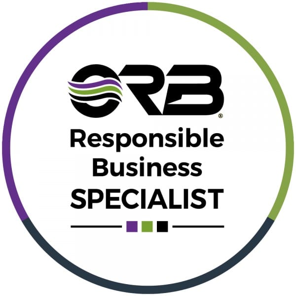 A circular RB logo reads Responsible Business Specialist, framed by a purple, green, and navy border with matching accent bars below.